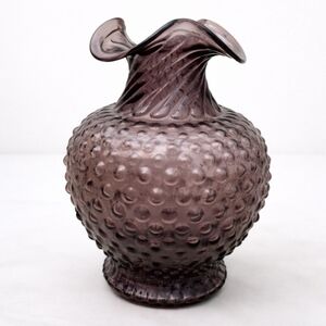 Vintage Amethyst Hobnail Glass Vase w/ Ruffled Top – Purple Art Glass –